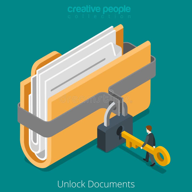Unlock folder secure data file document lock key flat vector 3d vector illustration