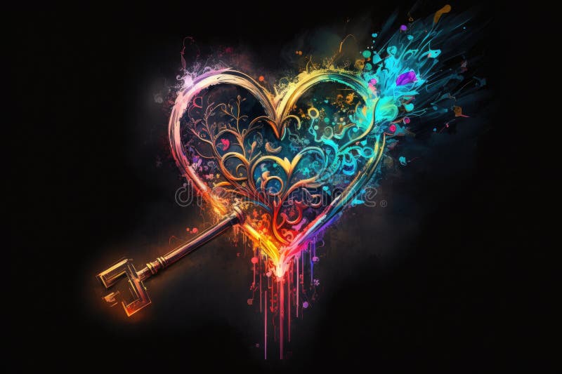 Unlock with the key to my heart. Neon artwork in vivid colors. Lights glowing in an abstract 3D illustration.