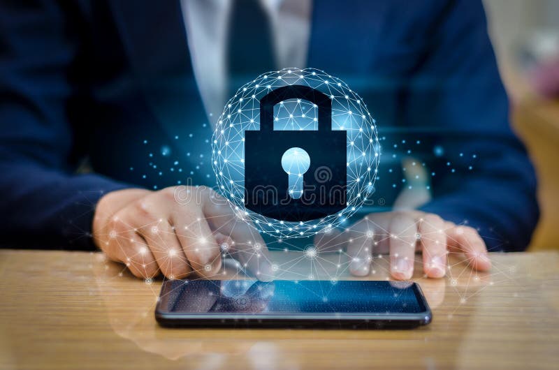 Unlocked smartphone lock Internet phone hand Business people press the phone to communicate in the Internet. Cyber security concep stock photo