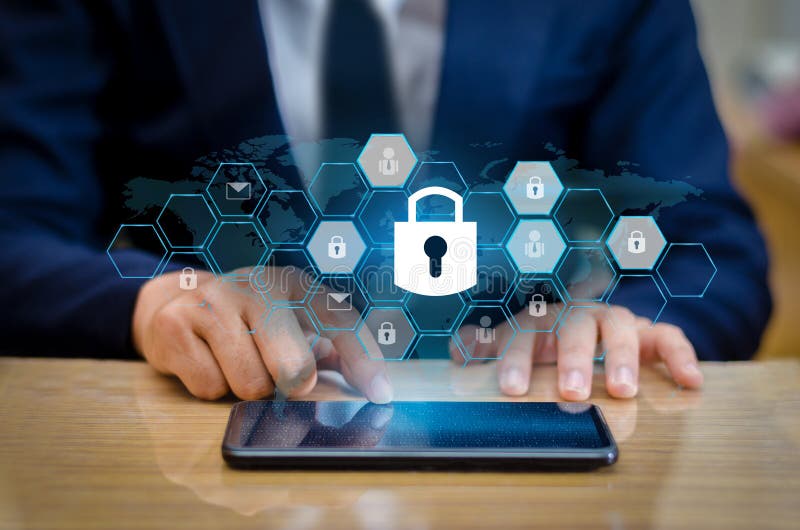 Unlocked smartphone lock Internet phone hand Business people press the phone to communicate in the Internet. Cyber security concep royalty free stock photo