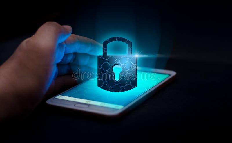 Unlocked smartphone lock Internet phone hand press the phone to communicate in the Internet. Cyber security concept hand protecti stock photos