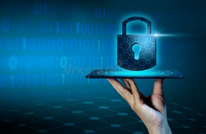 Unlocked smartphone lock Internet phone hand press the phone to communicate in the Internet. Cyber security concept hand protecti stock photos
