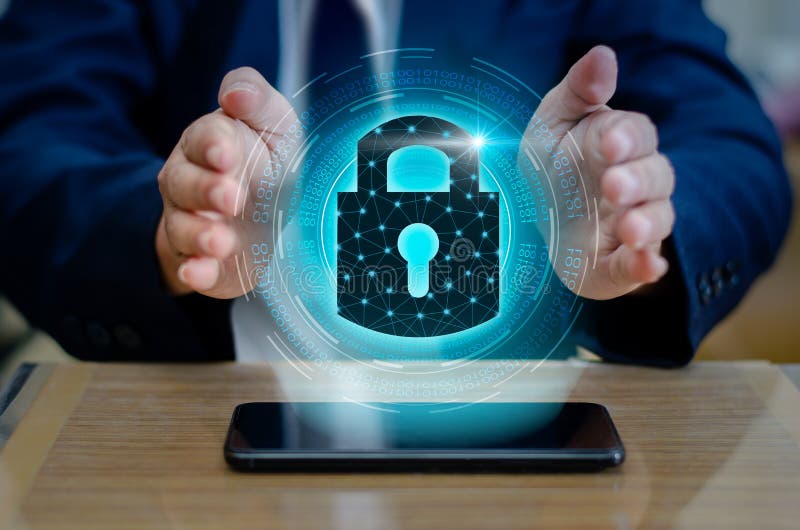 Unlocked smartphone lock Internet phone hand press the phone to communicate in the Internet. Cyber security concept hand protect royalty free stock photos