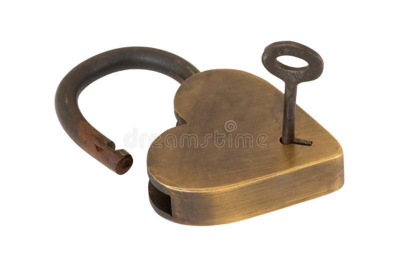 Unlocking the brass heart lock isolated.