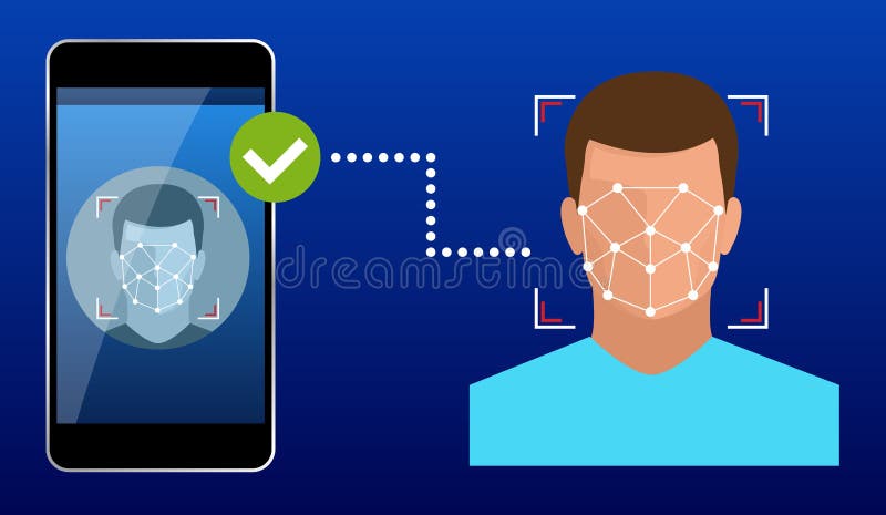 Unlocking smartphone with biometric facial identification, biometric identification, facial recognition system concept