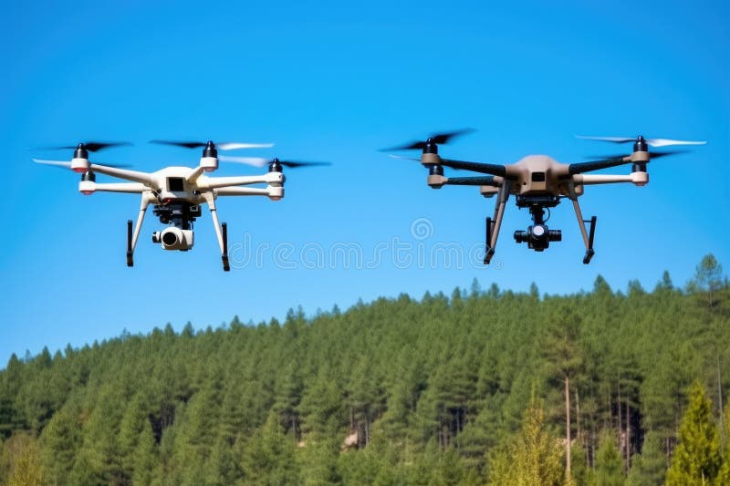 Unmanned drones flying in clear sky stock image