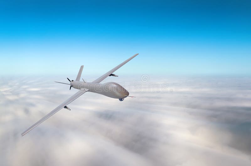 Unmanned military aircraft fly high speed background blue sky clouds. stock photos Unmanned military aircraft fly high speed background blue sky clouds. stock photos