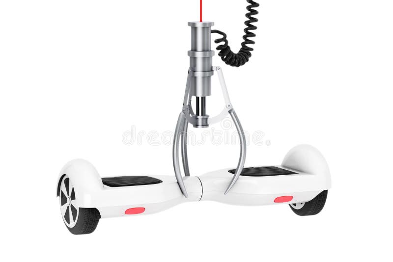 Uno mismo blanco que equilibra la vespa eléctrica en una garra robótica de Chrome ilustración del vector Uno mismo blanco que equilibra la vespa eléctrica en una garra robótica de Chrome ilustración del vector