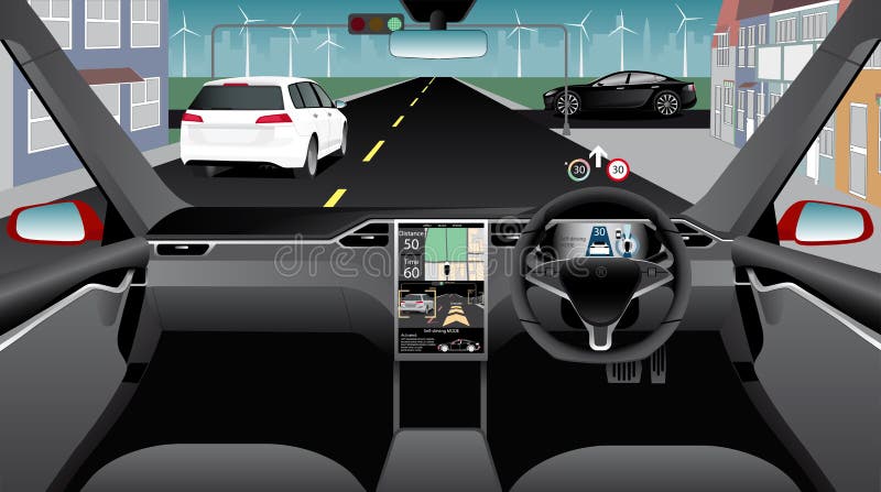 Uno mismo que conduce el coche sin el conductor en una calle de la ciudad Visión interior stock de ilustración Uno mismo que conduce el coche sin el conductor en una calle de la ciudad Visión interior stock de ilustración