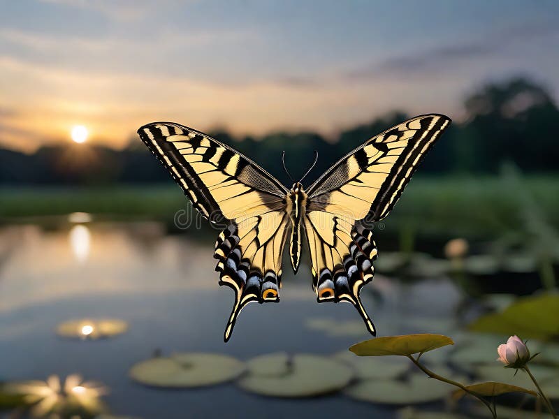 Uno scaus ingoia la farfalla in una danza di crepuscolo sopra uno stagno calmo royalty illustrazione gratis