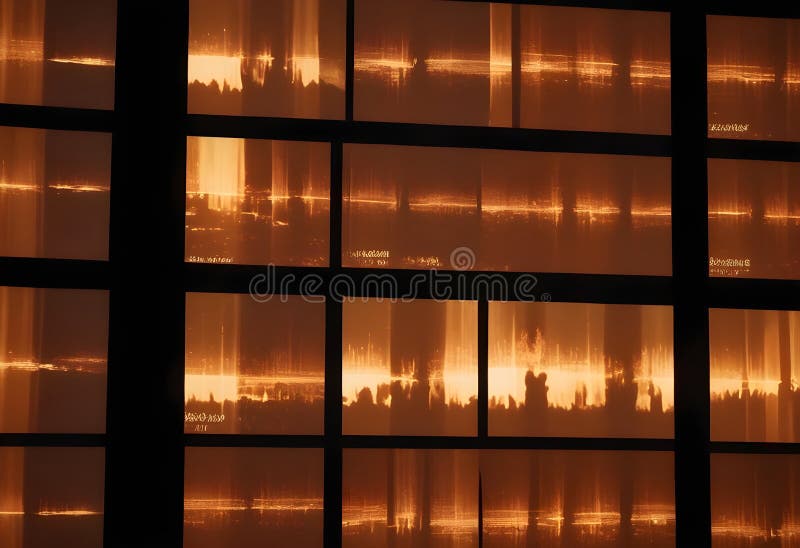 Uno schermo nero che visualizza una griglia di schermi più piccoli. ogni schermo mostra un'immagine diversa di un tramonto arancio illustrazione di stock