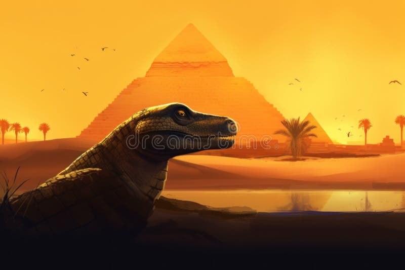 Uno sfinge di dinosauro di fronte a una piramide egiziana al tramonto. immagine generativa ai. illustrazione di stock