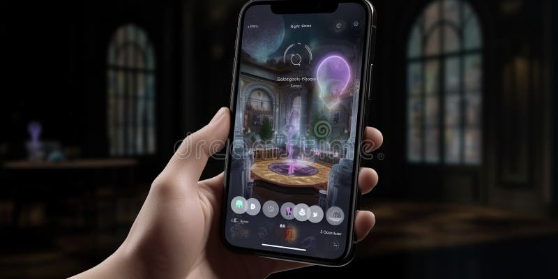 Uno smartphone che mostra un'app di realtà virtuale contrasta con un concetto di sfondo immersivo basato sull'intrattenimento royalty illustrazione gratis