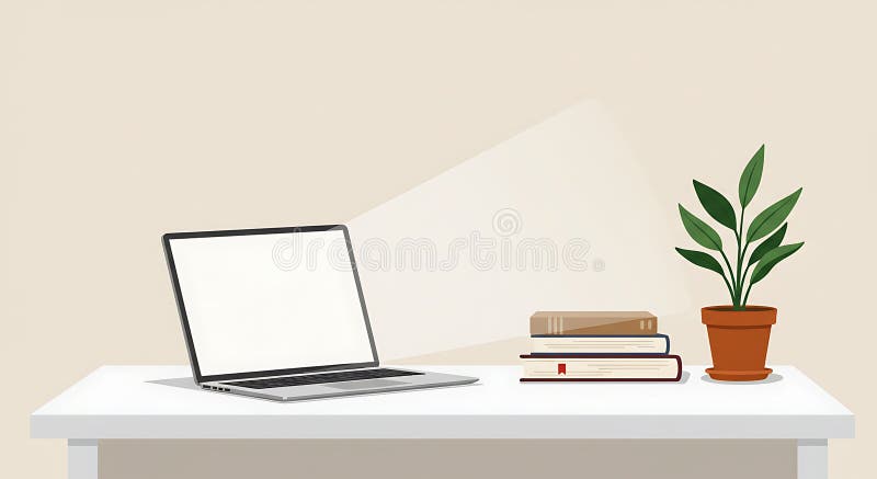 Uno spazio di lavoro minimalista con schermo di un portatile bianco su una scrivania bianca. Accanto illustrazione di stock