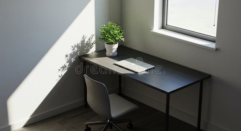 Uno spazio di lavoro minimalista con un'elegante scrivania in legno scuro posizionata nell'angolo illustrazione vettoriale