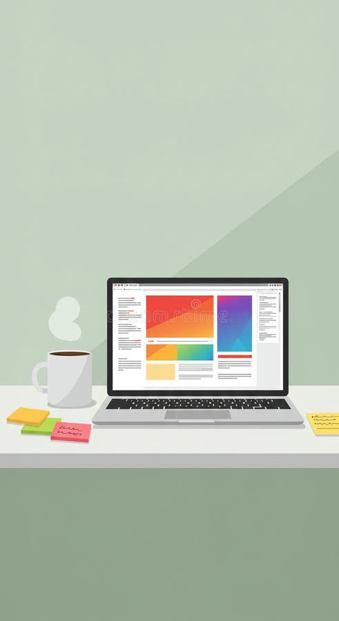 Uno spazio di lavoro minimalista con un laptop con interfaccia utente colorata posizionata royalty illustrazione gratis