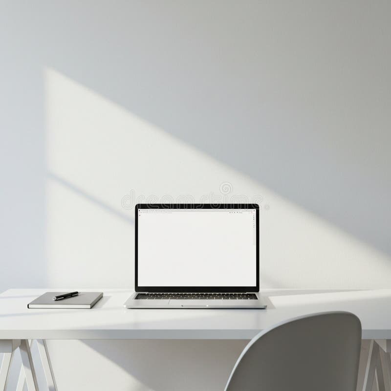 Uno spazio di lavoro minimalista con un notebook elegante su una scrivania bianca. Lo schermo del portatile è vuoto royalty illustrazione gratis