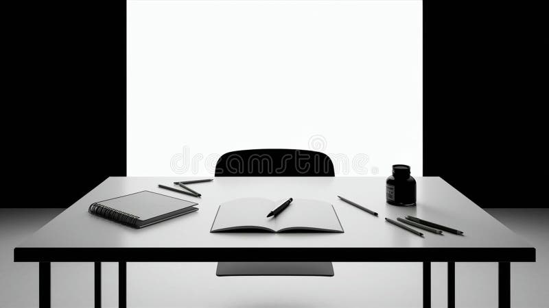 Uno spazio di lavoro minimalista con una scrivania con decorazioni e una bottiglia di inchiostro nero sulla superficie royalty illustrazione gratis