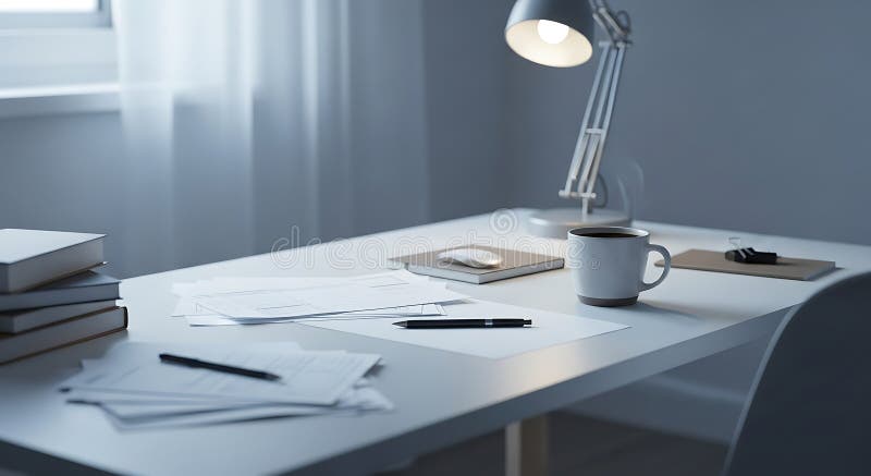 Uno spazio di lavoro minimalista dotato di un'elegante scrivania bianca con una disposizione ottimale illustrazione di stock