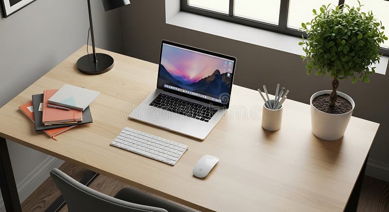 Uno spazio di lavoro minimalista dotato di una scrivania in legno con un laptop che visualizza un illustrazione vettoriale