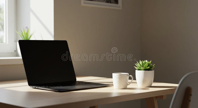Uno spazio di lavoro minimalista presenta una tavola di legno con un laptop nero chiuso su illustrazione di stock