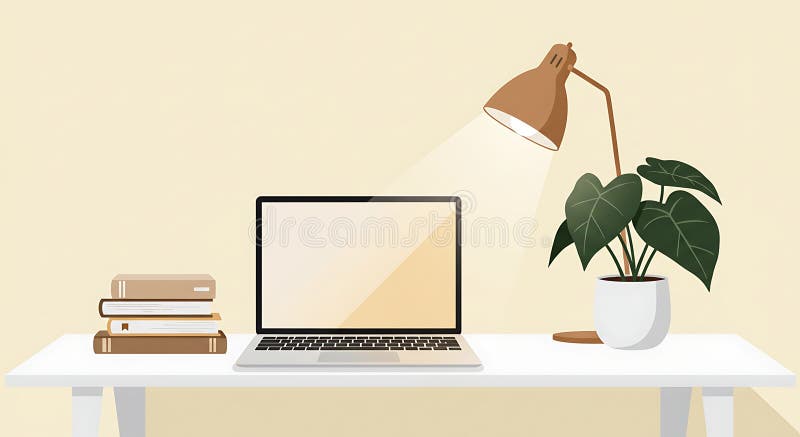 Uno spazio di lavoro minimalista è dotato di una scrivania bianca con un portatile chiuso al centro royalty illustrazione gratis