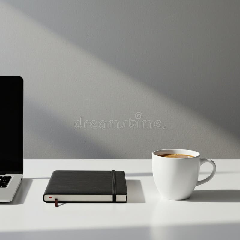 Uno spazio di lavoro ridotto offre un notebook parzialmente visibile, un notebook nero chiuso illustrazione vettoriale