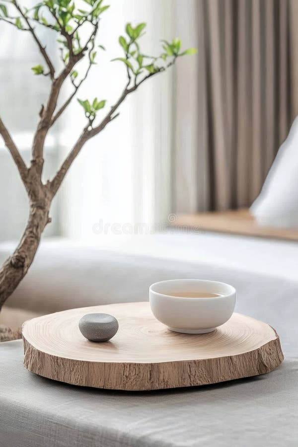 Uno spazio vivente sereno mostra un design giapponese con un vassoio di legno una ciotola di tè e una pietra posta sopra un tappet fotografia stock libera da diritti