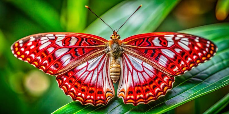 Uno stordimento di una farfalla rossa e bianca con ali delicati e colori vibranti in natura primaverile illustrazione di stock