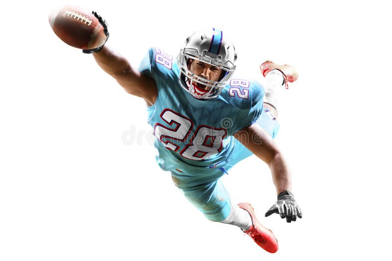 Uno studio dell'uomo del giocatore di football americano isolato su fondo bianco immagini stock libere da diritti Uno studio dell'uomo del giocatore di football americano isolato su fondo bianco immagini stock libere da diritti