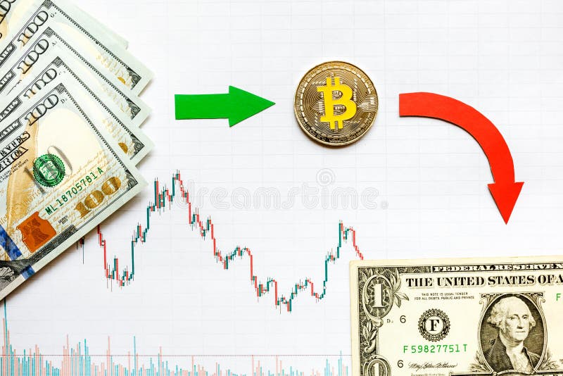 Unprofitable Investment Of Depreciation Of Virtual Money Bitcoin. Green Red Arrow, Silver Bitcoin And Dollars Go Down On Paper