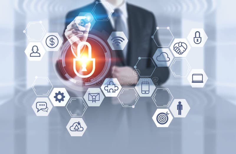 Businessman in office, digital security interface royalty free stock images