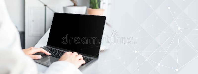 Unrecognizable businesswoman using laptop computer with white blank screen, mockup for ad, website design, copy space stock photos