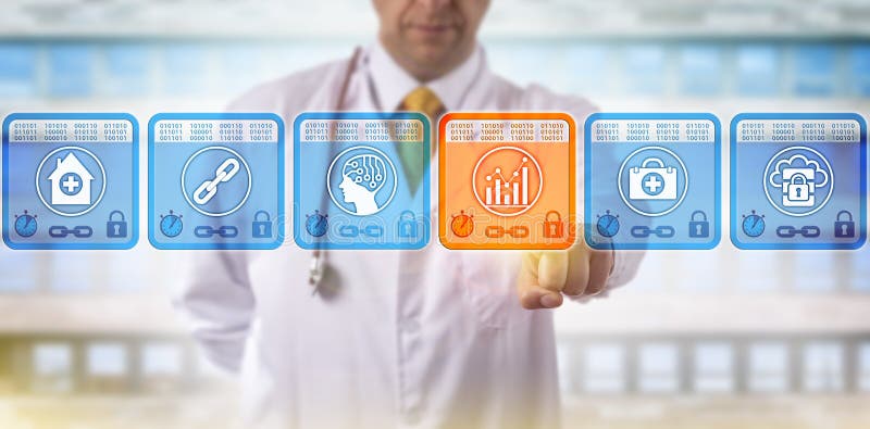 Doctor Selecting Analytics Block In Blockchain stock image