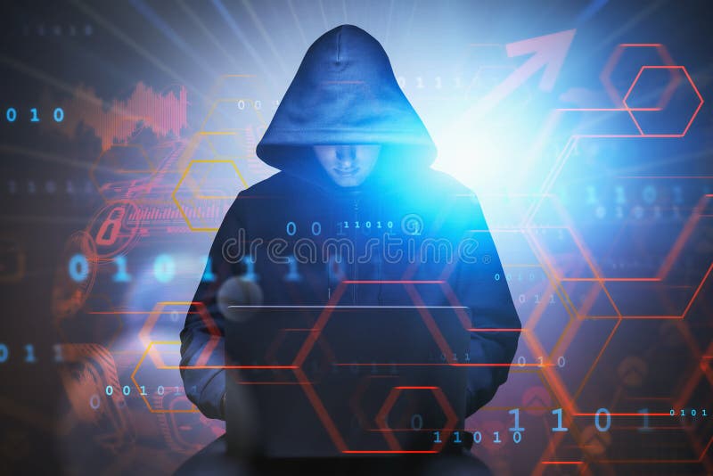 Unrecognizable hacker using laptop, interface stock photography