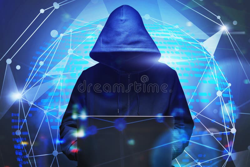 Unrecognizable hacker using laptop, interface stock photo