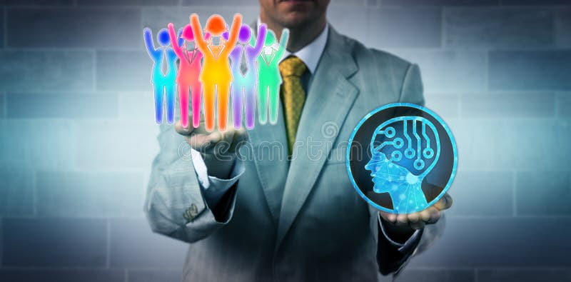 Manager Raising Multicultural Team Above AI App royalty free stock photos Manager Raising Multicultural Team Above AI App royalty free stock photos