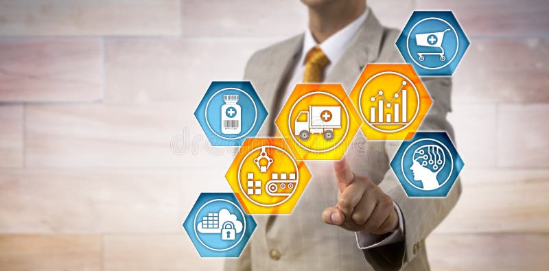 Pharma Logistician Monitoring Supply Chain. Unrecognizable pharmaceutical logistician activating icons for predictive analytics, materials handling and transportation. IT concept for supply chain management and pharma business logistics.