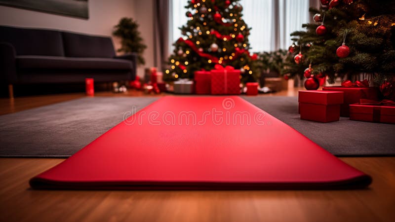 Unrolled yoga mat on wooden floor in modern in a big living room at home. Decorated Christmas tree background