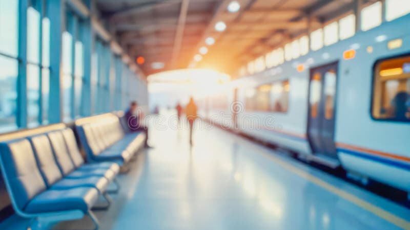 Unscharfer Hintergrund des Bahnhofs mit Fahrgästen, die auf dem Bahnsteig spazieren lizenzfreie stockbilder