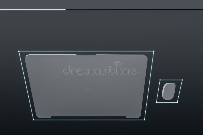 Untere Ansicht abstrakter, transparenter Designer-Desktop mit Notebook-Computermaus und Mockup-Position. Arbeitsplatzkonzept stock abbildung