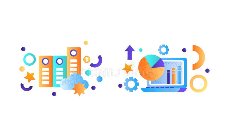 Unternehmen und Finanzen Zeichen setzen Daten Cloud Speicher Laptop Computer-Management-Strategie Marketing-Symbole Flat Vektor stock abbildung