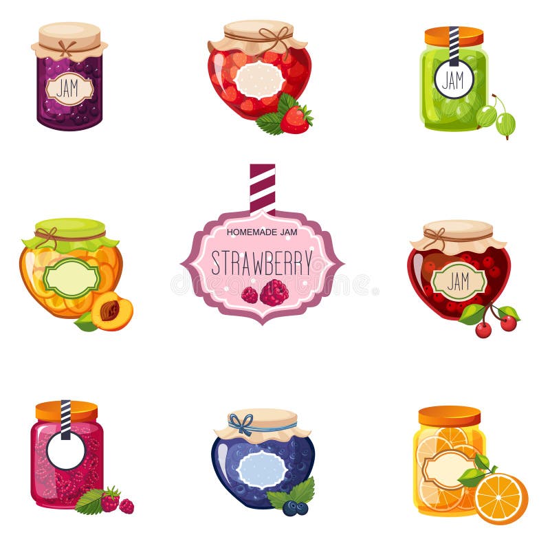 Unterschiedlicher Berry And Fruit Jam Jars-Satz Illustrationen lizenzfreie abbildung Unterschiedlicher Berry And Fruit Jam Jars-Satz Illustrationen lizenzfreie abbildung