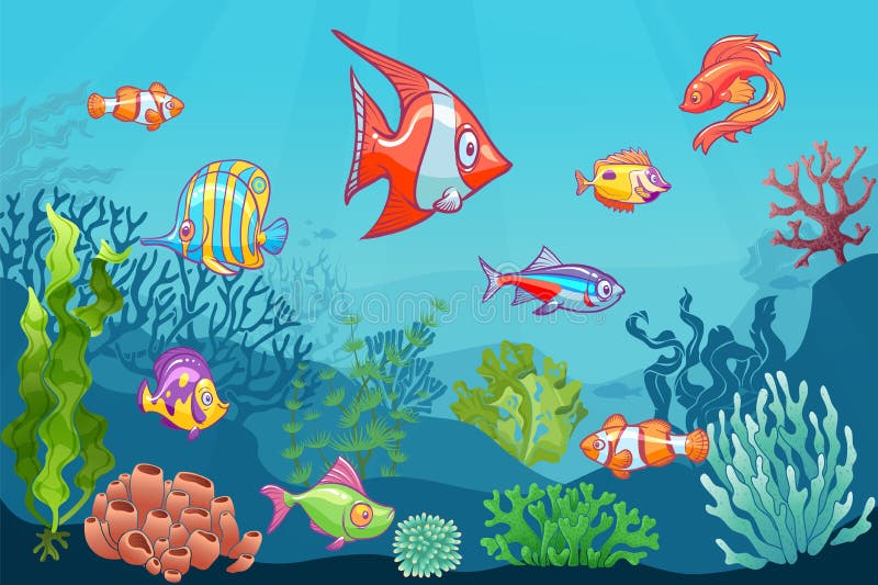 Unterwassermeerblick Karikaturwasserseewildes Leben auf unterem Vektorhintergrund Meerespflanzen-Kindersatz des Fischclowns koral lizenzfreie abbildung Unterwassermeerblick Karikaturwasserseewildes Leben auf unterem Vektorhintergrund Meerespflanzen-Kindersatz des Fischclowns koral lizenzfreie abbildung