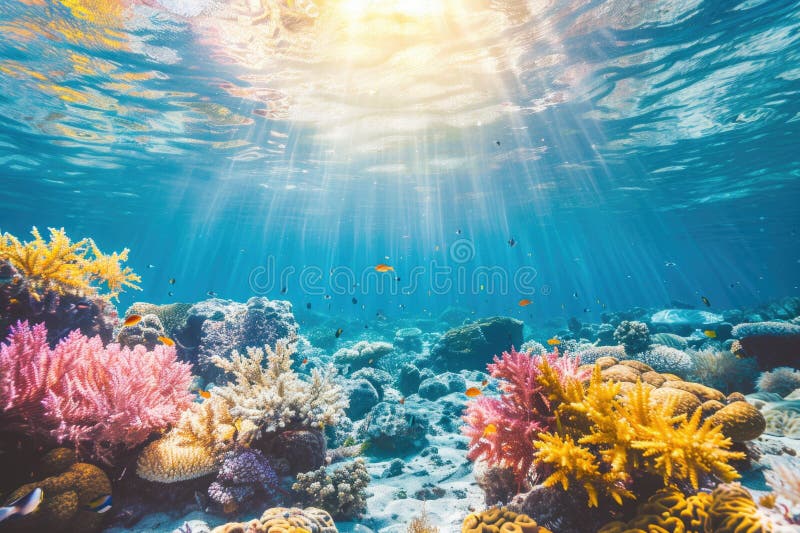 Unterwasserszene eines Korallenriffs mit hellem Sonnenlicht, geeignet für den Einsatz im ozeanbezogenen oder ökologischen Kontext lizenzfreie stockbilder