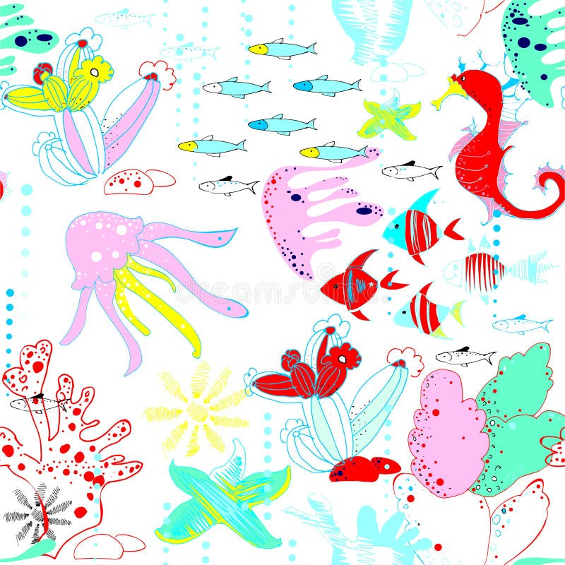 Unterwasserwelt mit Fischen, Quallen, Seepferdchen, Seesterne, Korallen, Wasserstraßen lizenzfreie abbildung Unterwasserwelt mit Fischen, Quallen, Seepferdchen, Seesterne, Korallen, Wasserstraßen lizenzfreie abbildung