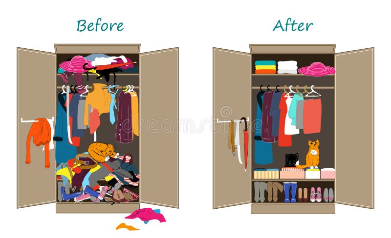 Before untidy and after tidy wardrobe. Messy clothes thrown on a shelf and after decluttering, when most of clothing is carefully folded in shoeboxes and nicely arranged. Flat design vector illustration. Cleaning and organizing after Marie Kondo method. Pile boxes vectors