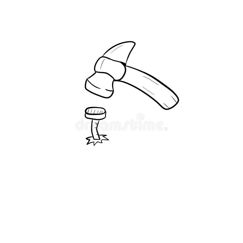Nail Hammer icon in doodle sketch lines. Construction tool work carpenter nail wood stock illustration