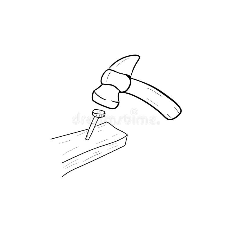 Nail Hammer icon in doodle sketch lines. Construction tool work carpenter nail wood vector illustration