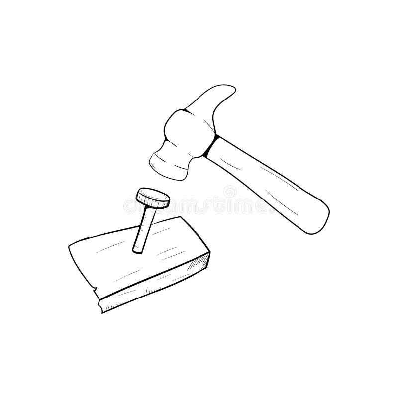 Nail Hammer icon in doodle sketch lines. Construction tool work carpenter nail wood stock illustration